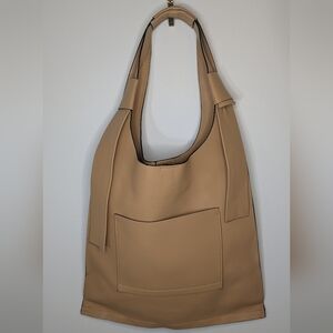 Zara Flat Shopper Shoulder Tote Bag Vegan Leather Tan